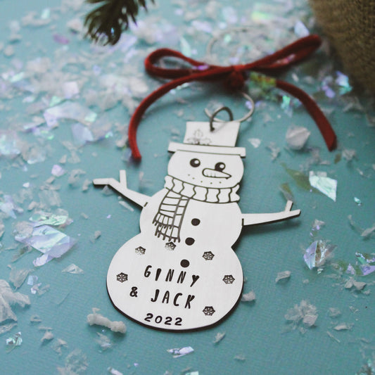 Snowman Christmas Ornament Personalized Hand Stamped in Aluminum, Cute Snowman Ornament, Custom Snowman Ornament, Family or Kids Ornament
