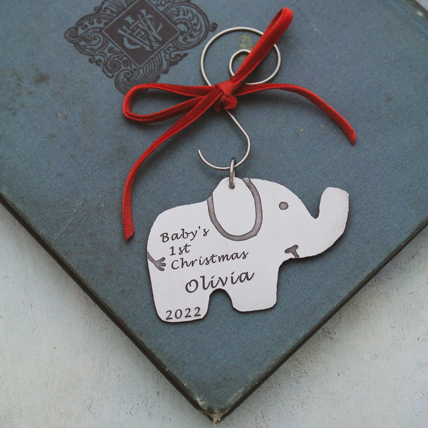 Personalized Baby's First Christmas Ornament, Elephant Christmas Ornament, New Baby Gift, Baby Gift, Personalized Hand Stamped Aluminum