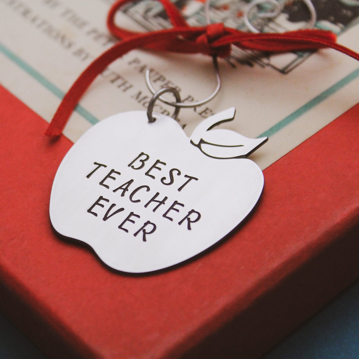 Apple for the Teacher Gift Christmas Ornament Personalized Hand Stamped in Pewter