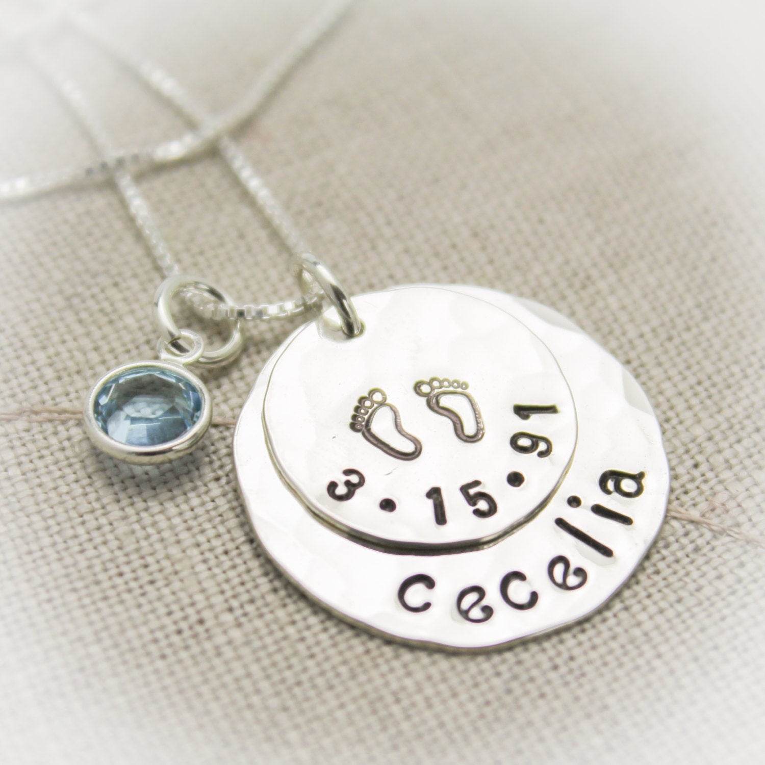 Personalized New Mommy Sterling Silver Necklace with Birthdate and Birthstones Hand Stamped Jewelry