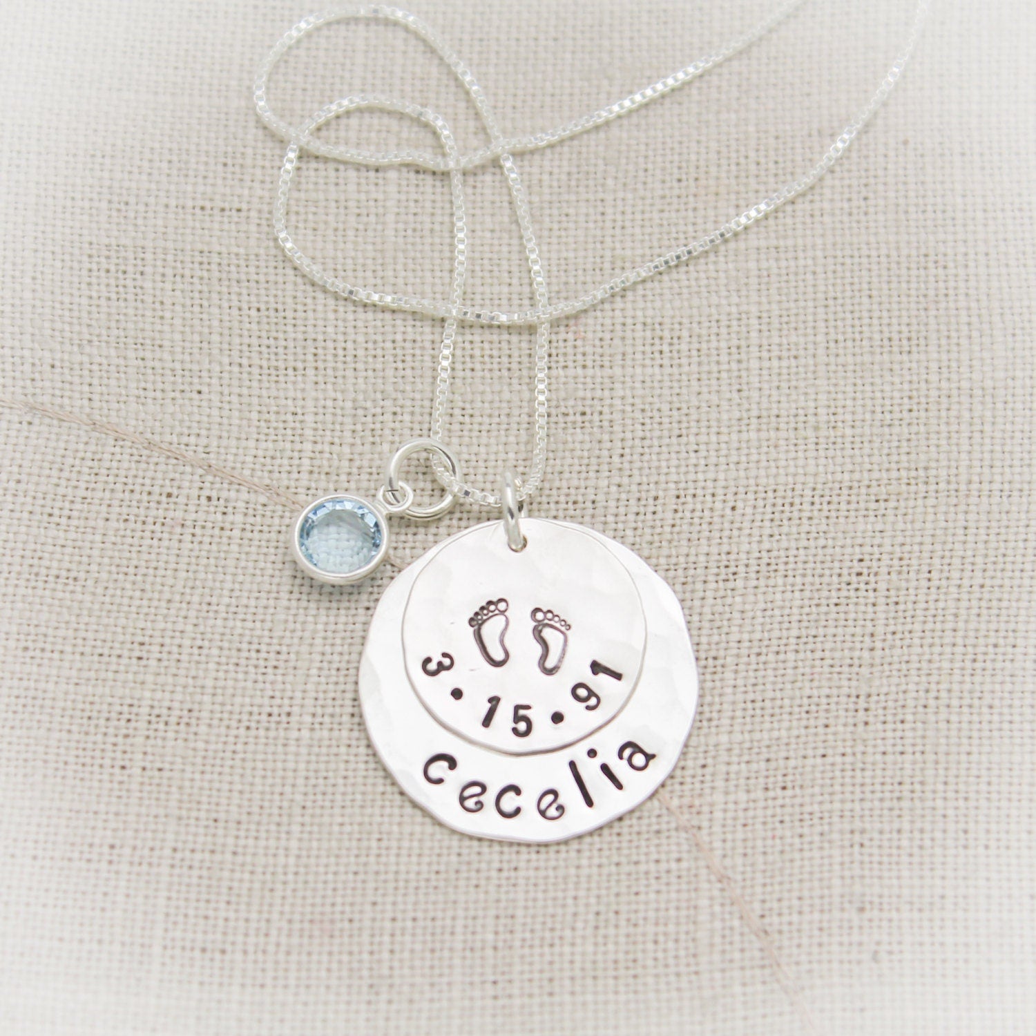 Personalized New Mommy Sterling Silver Necklace with Birthdate and Birthstones Hand Stamped Jewelry
