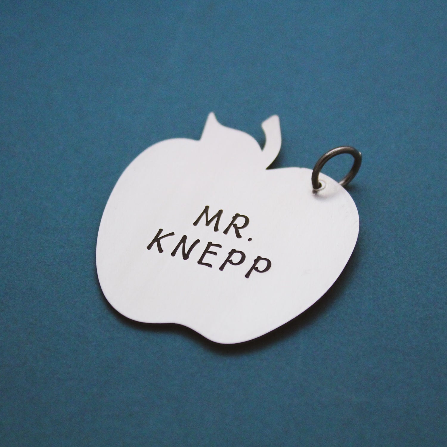 Apple for the Teacher Gift Christmas Ornament Personalized Hand Stamped in Pewter