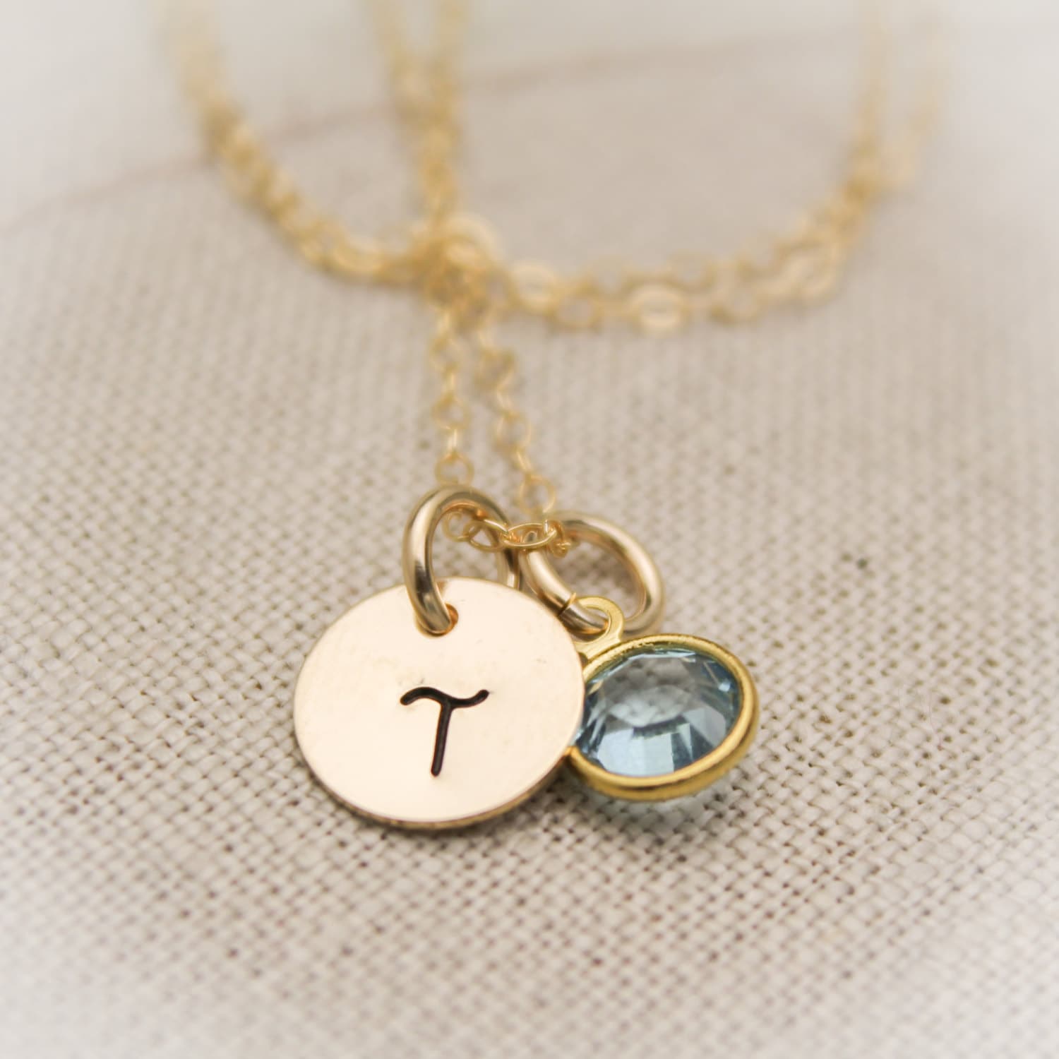 14K Gold Filled Initial Monogram Necklace with Birthstone Charm  Personalized Hand Stamped Jewelry