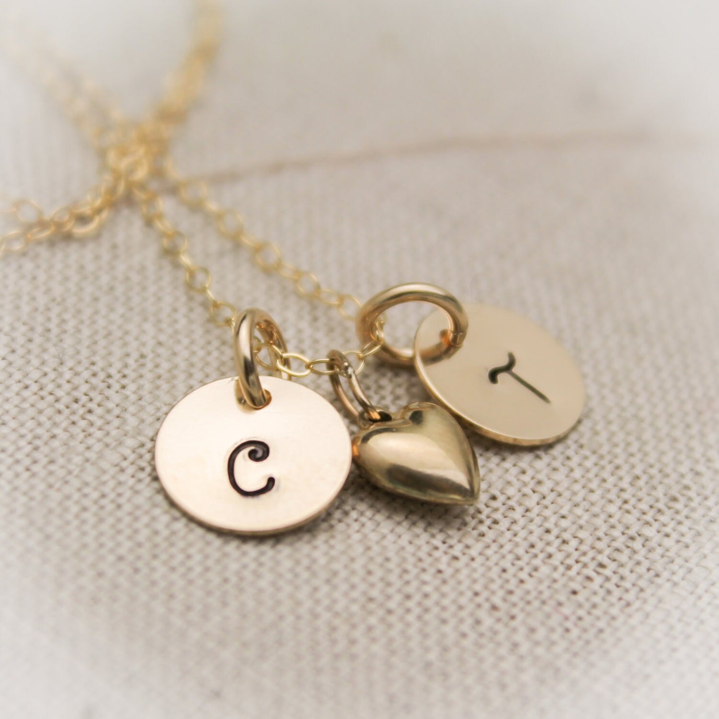 14K Gold Filled Couples Two Initial Monogram Necklace with Heart Charm  Personalized Hand Stamped Jewelry