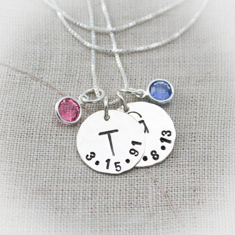 Mother or Grandmother Charm Necklace with Birthstones with Initial and Birthdate Personalized Hand Stamped Jewelry