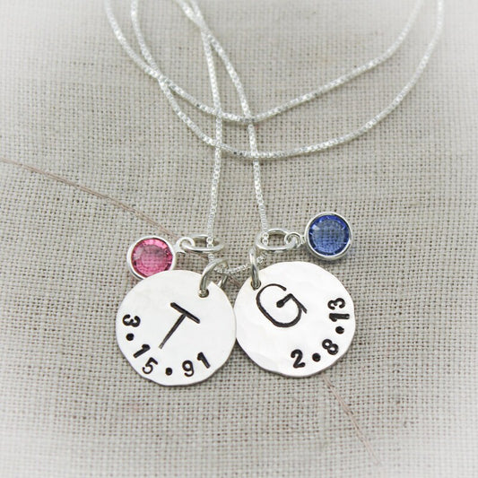 Mother or Grandmother Charm Necklace with Birthstones with Initial and Birthdate Personalized Hand Stamped Jewelry