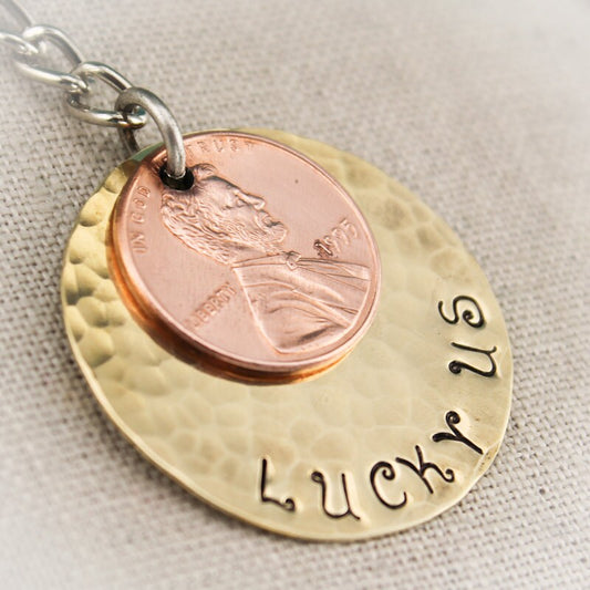 Lucky US Keychain Brass, Copper and Penny Hand Stamped Personalized