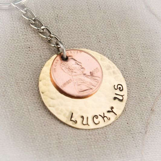 Lucky US Keychain Brass, Copper and Penny Hand Stamped Personalized