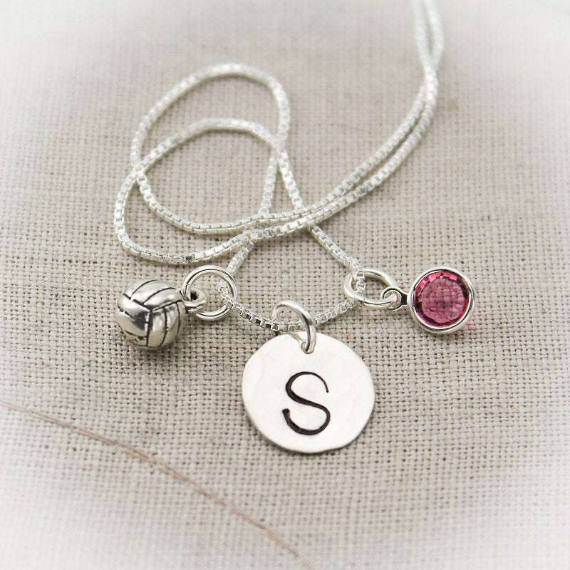 Volleyball Charm Necklace Sterling Silver with Birthstone and Initial Personalized Hand Stamped Necklace