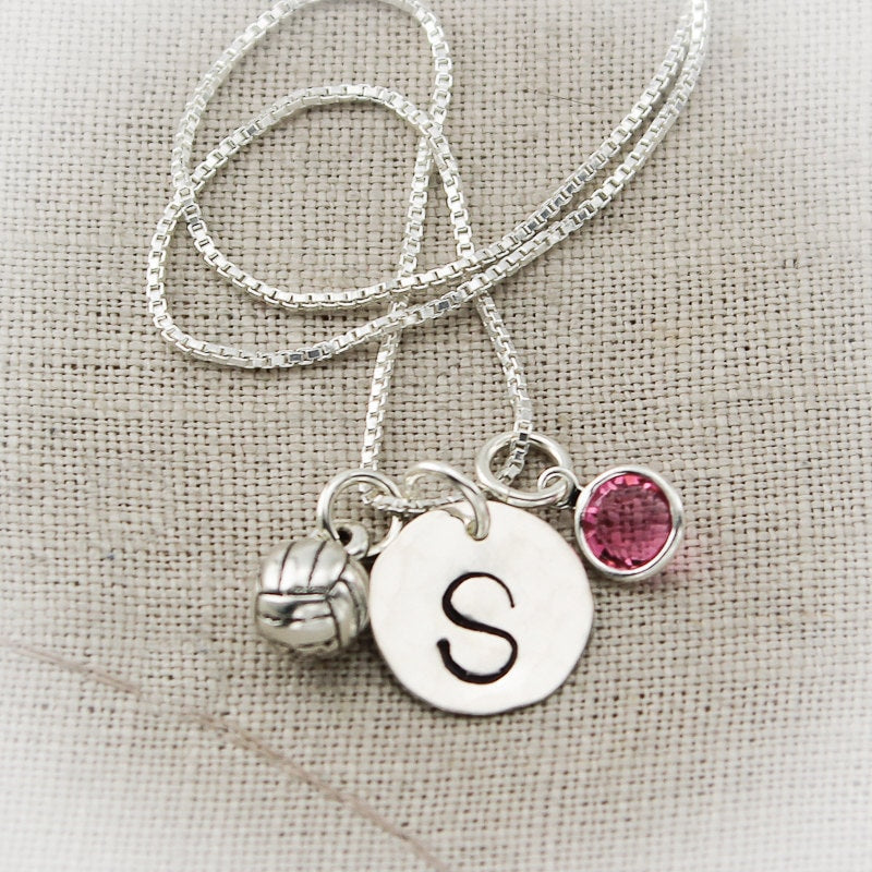 Volleyball Charm Necklace Sterling Silver with Birthstone and Initial Personalized Hand Stamped Necklace