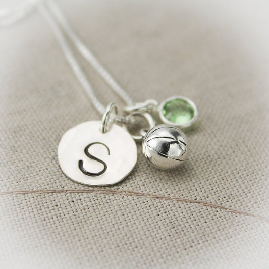 Basketball Charm Necklace Sterling Silver with Birthstone and Initial Personalized Hand Stamped Necklace