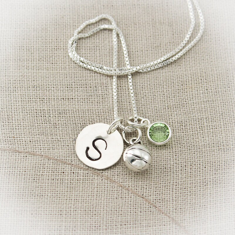 Basketball Charm Necklace Sterling Silver with Birthstone and Initial Personalized Hand Stamped Necklace