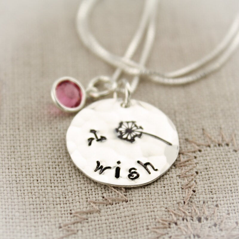 Make a WISH Necklace with Birthstone and Dandelion Sterling Silver  Personalized Hand Stamped Jewelry