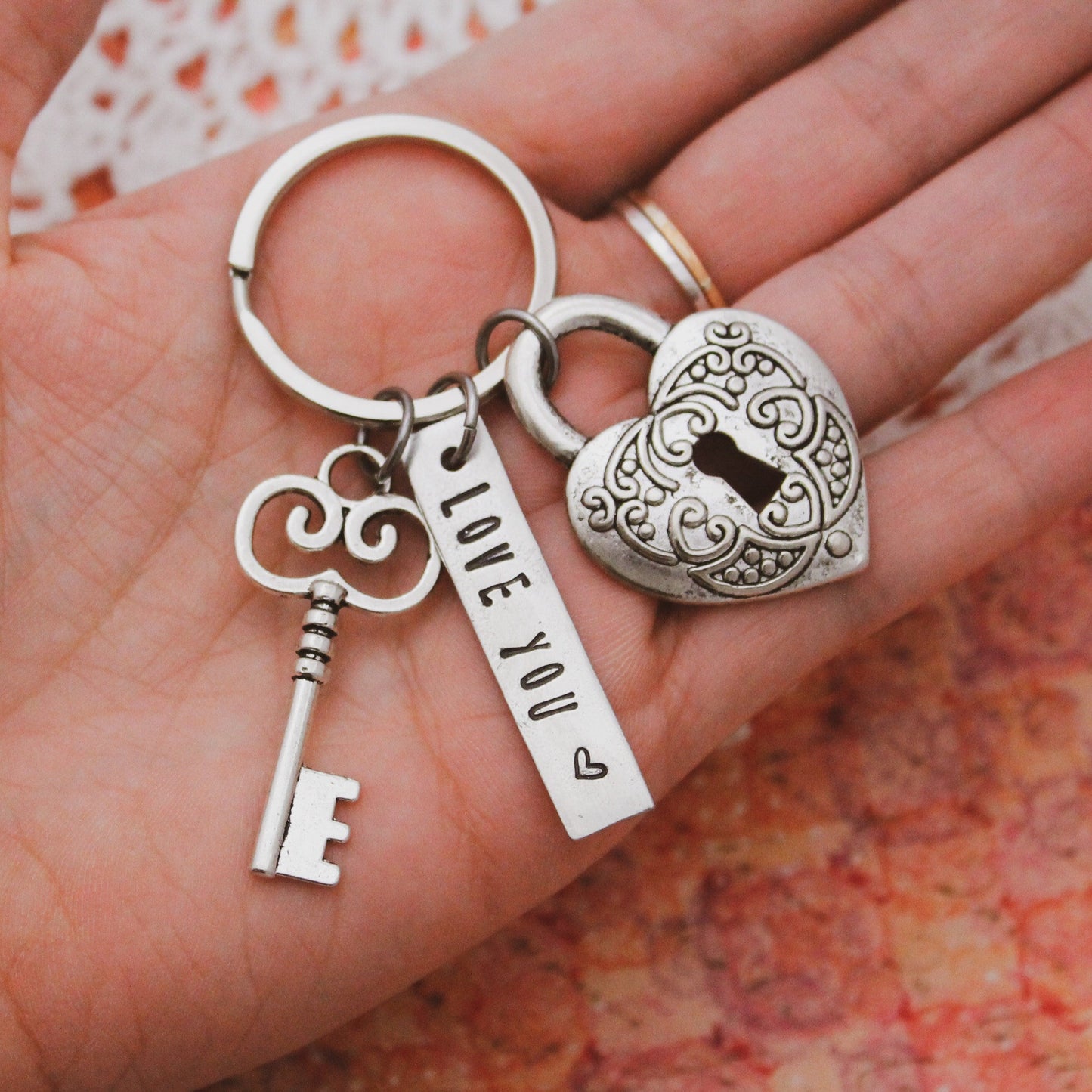 Love You Heart Lock and Key Key Chain, Yoga Teacher Gift, Yoga Gift, Yoga Jewelry, Breathe Keychain, Hand Stamped Personalized Jewelry