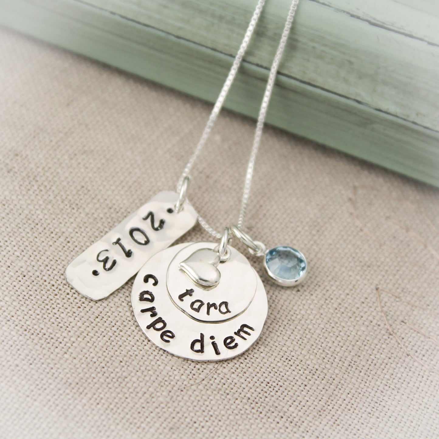 Personalized CARPE DIEM Necklace with Birthstone, Name and Date Graduation Gift Hand Stamped Jewelry