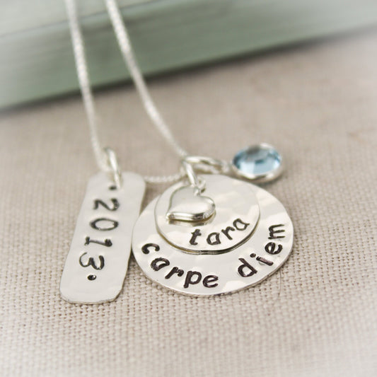 Personalized CARPE DIEM Necklace with Birthstone, Name and Date Graduation Gift Hand Stamped Jewelry