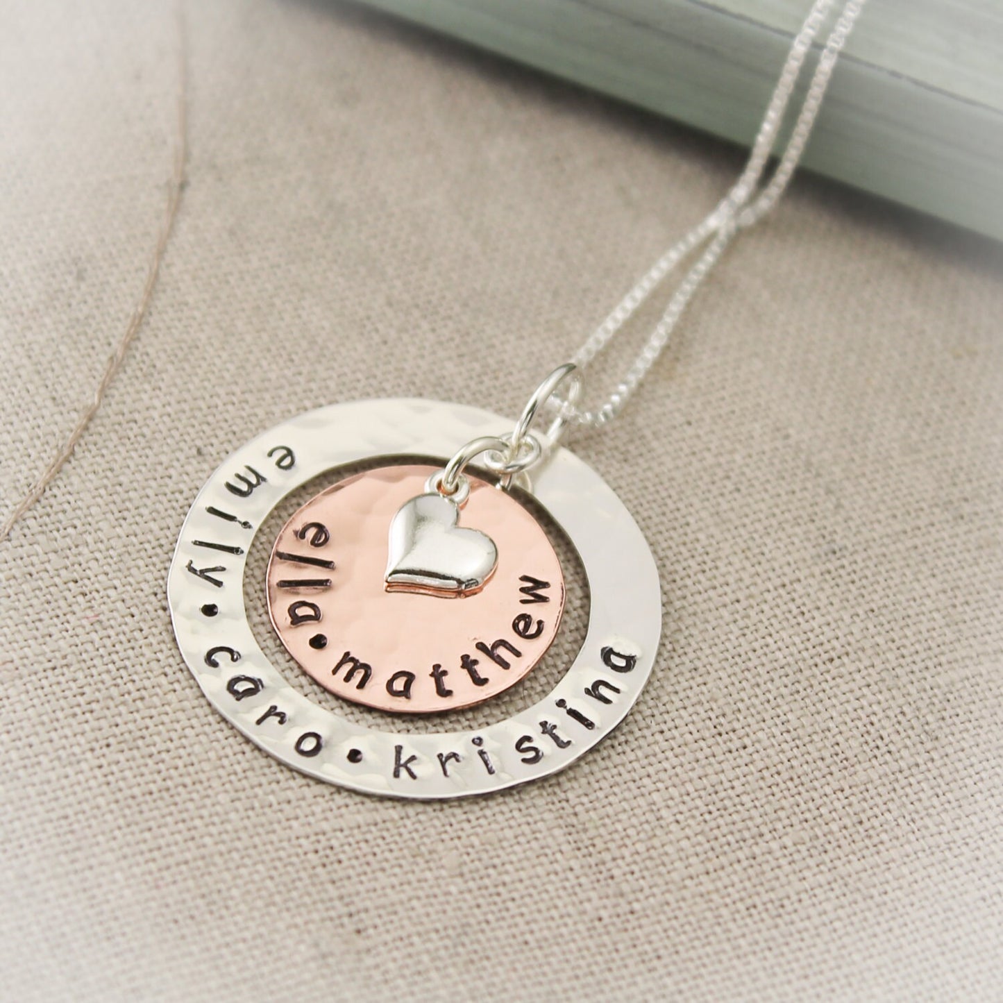 Sterling Silver Washer and Copper Personalized  Necklace with Heart Charm Grandmother or Mother Necklace Hand Stamped Jewelry