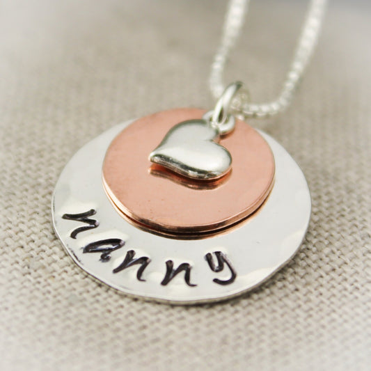 Sterling Silver and Copper Layered Necklace with Heart Charm Grandmother or Mother Necklace Personalized Hand Stamped Jewelry