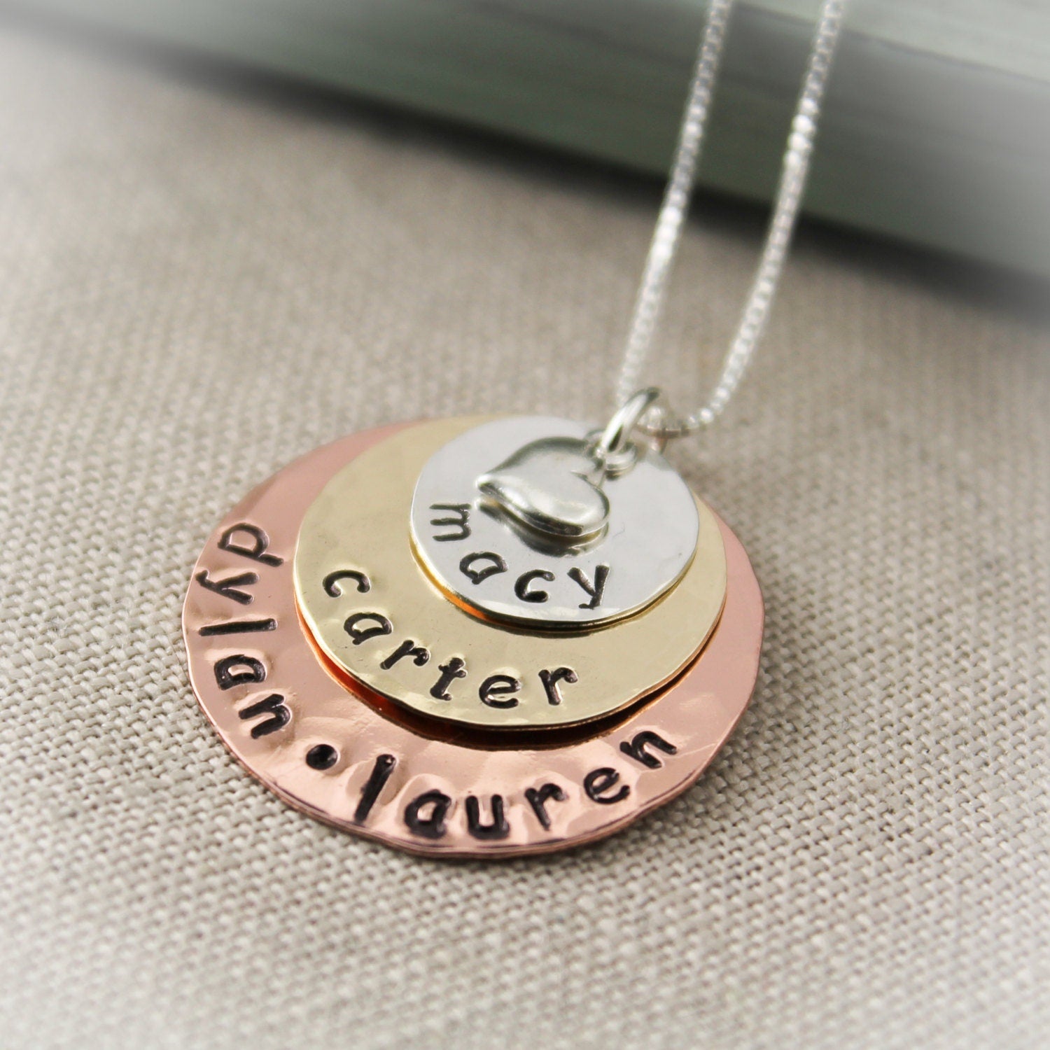 Mixed Metal Personalized Necklace, 3 Discs, Sterling Silver, Brass, & Copper, Mother's Necklace