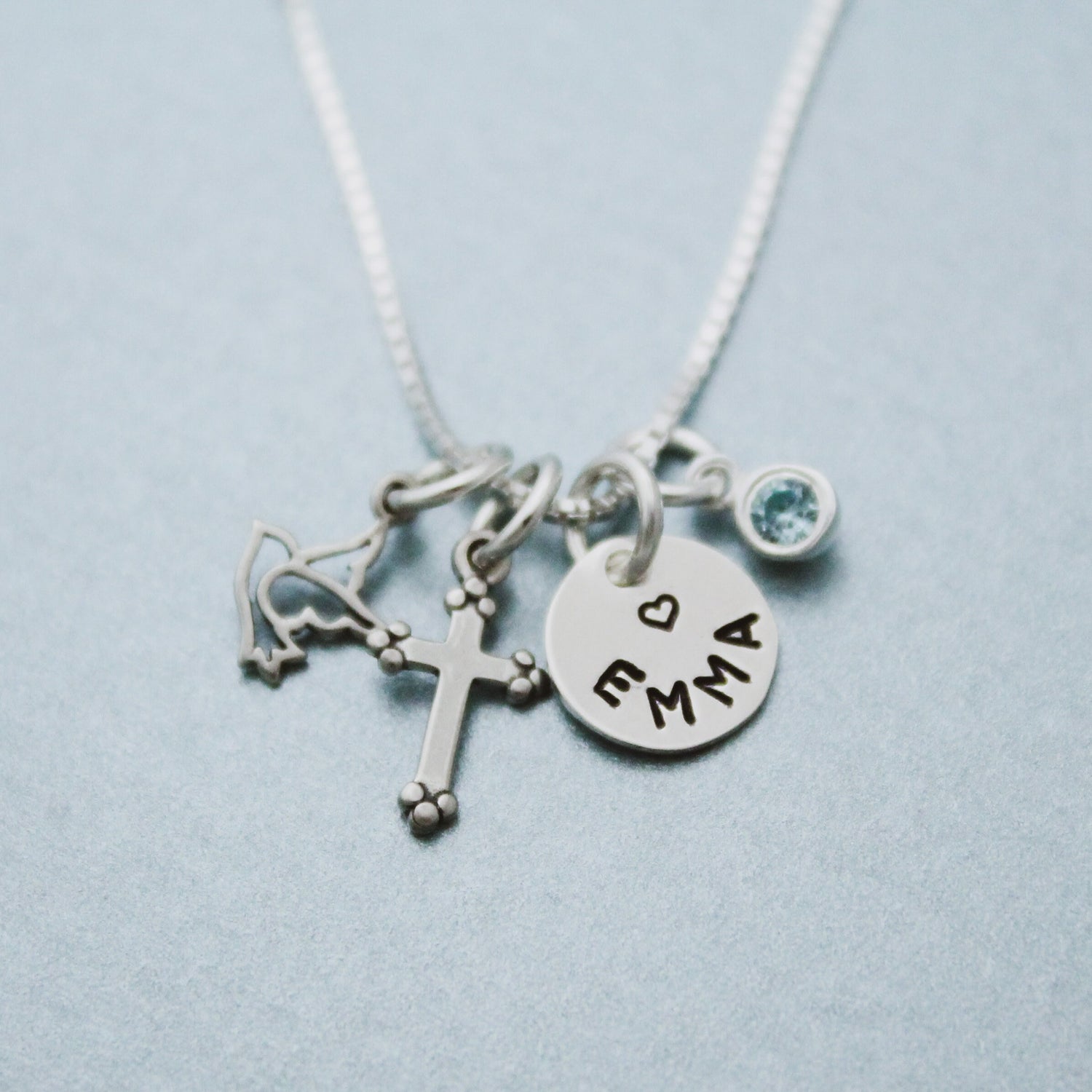 Tiny Personalized Cross Charm Necklace in Sterling Silver, Confirmation Cross Necklace, First Communion Cross Necklace, Hand Stamped Jewelry