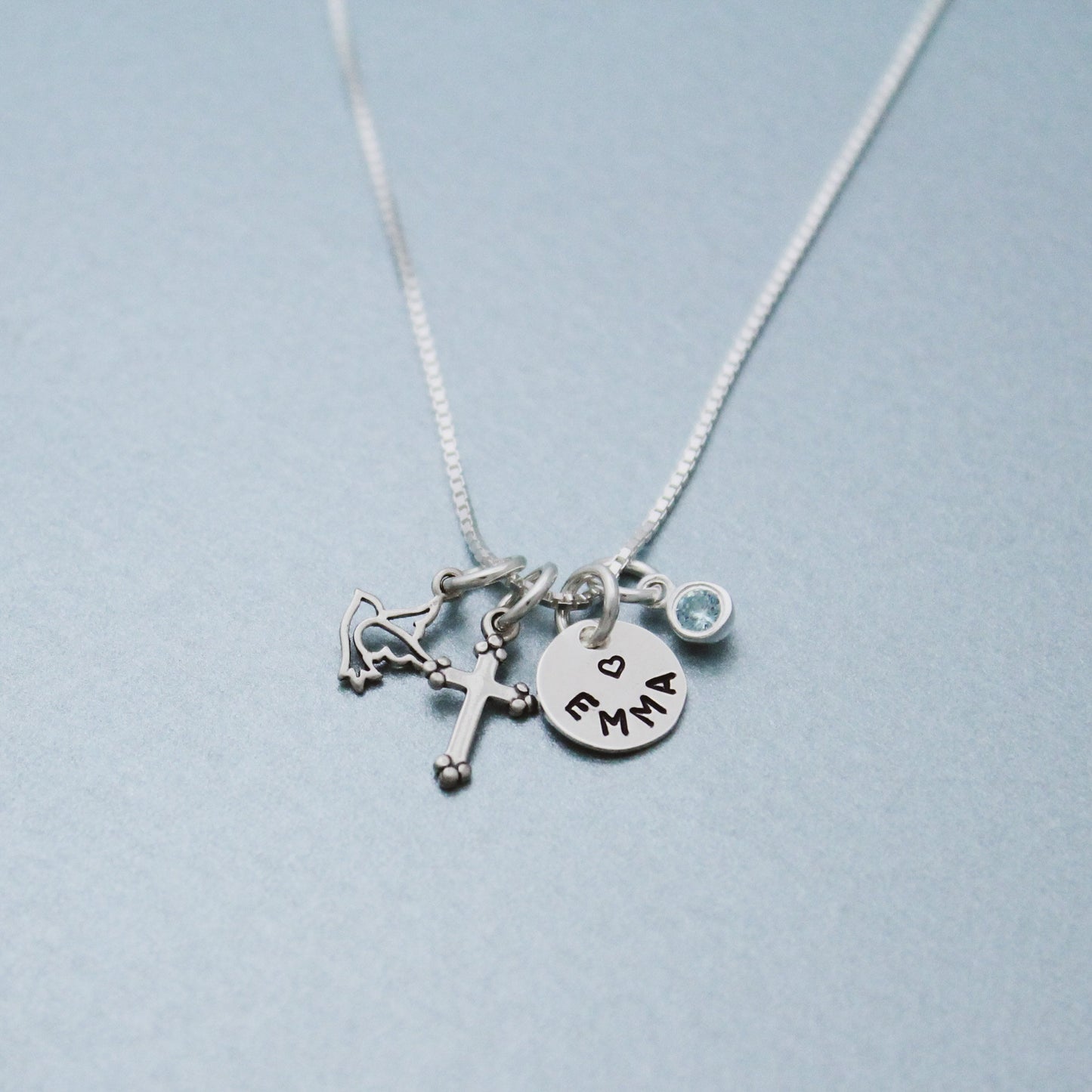 Tiny Personalized Cross Charm Necklace in Sterling Silver, Confirmation Cross Necklace, First Communion Cross Necklace, Hand Stamped Jewelry