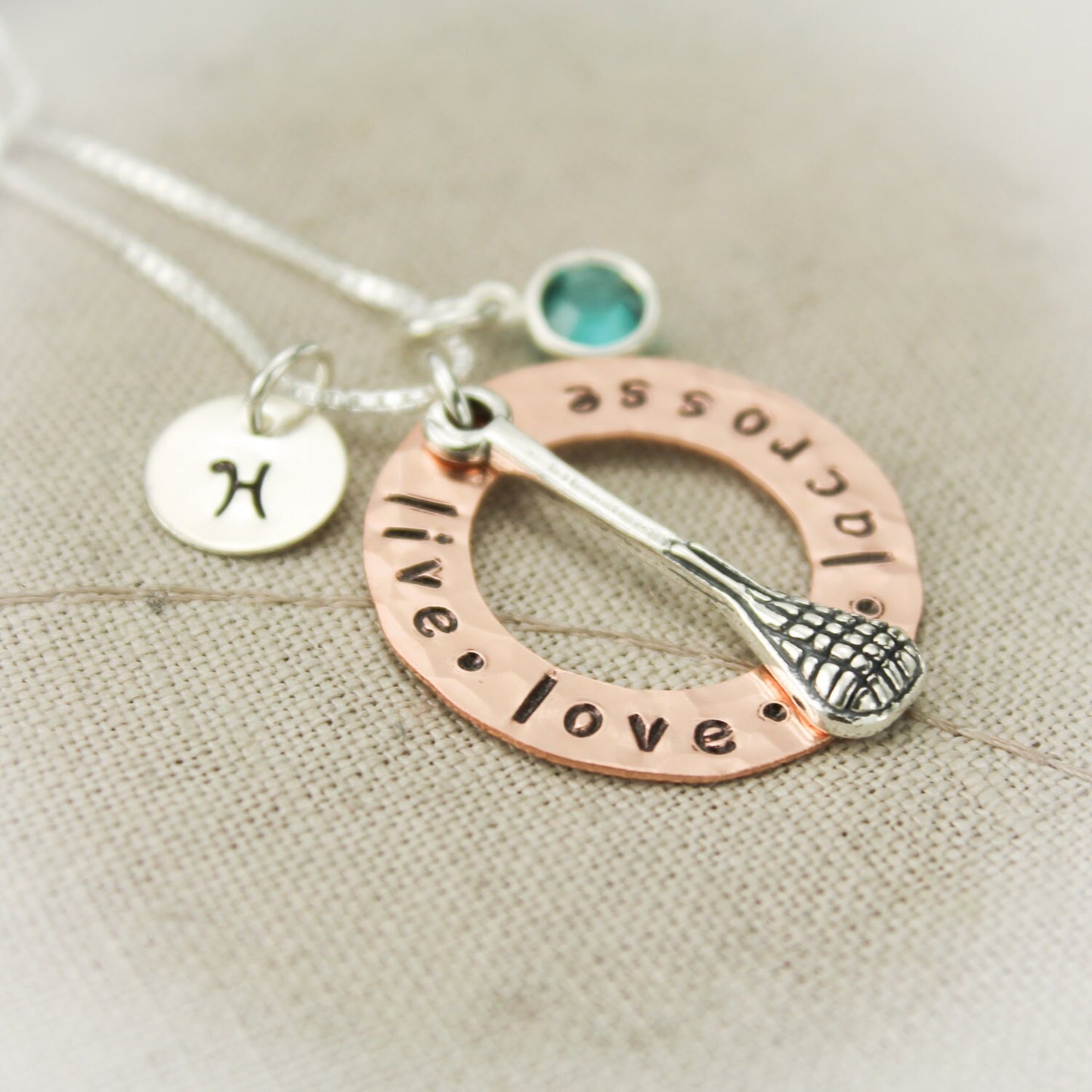 Lacrosse Charm Copper Washer and Sterling Silver Personalized Hand Stamped Necklace