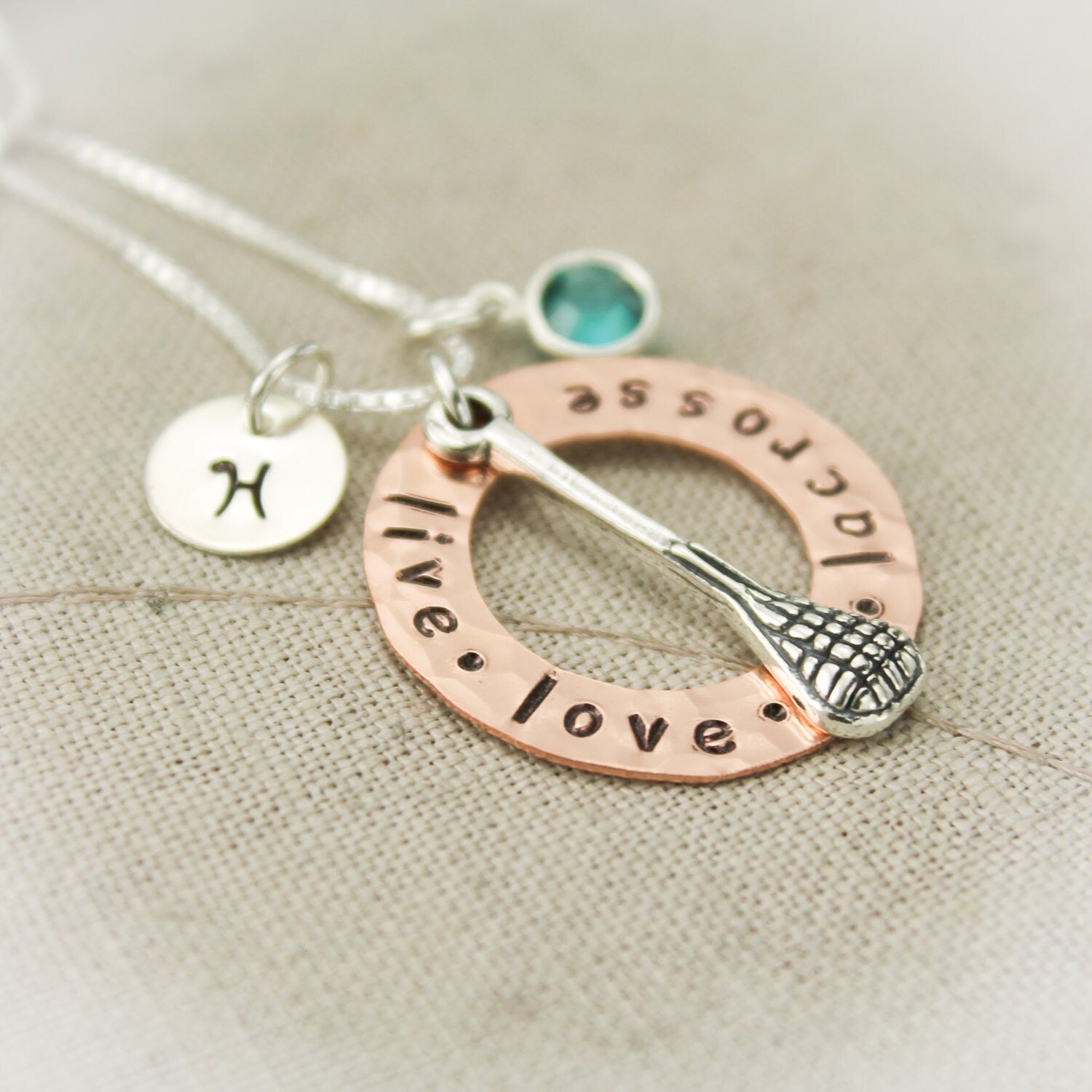 Lacrosse Charm Copper Washer and Sterling Silver Personalized Hand Stamped Necklace