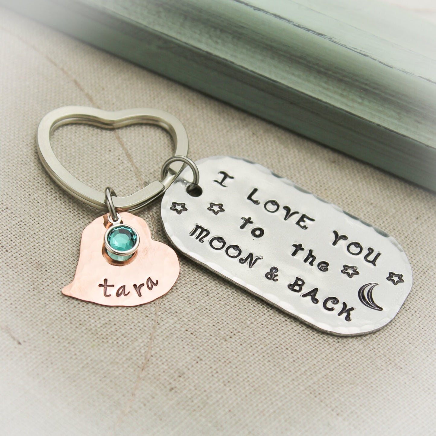 I LOVE you to the MOON and Back Key Chain Hand Stamped Personalized Aluminum and Copper Key Chain Hand Stamped Personalized Key Chain