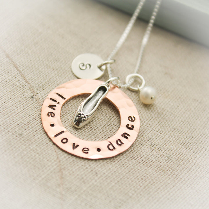 Dance Ballet Dancer Charm Necklace Copper Washer and Sterling Silver Personalized Hand Stamped Necklace