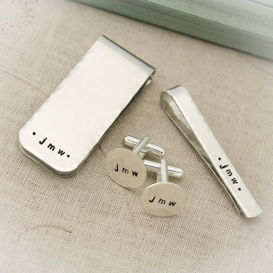 Men's Gift Set with Cuff Links, Money Clip and Tie Clip. Personalized Gifts for Men, Hand Stamped, Groom Gift, Gifts for Him, Wedding Day