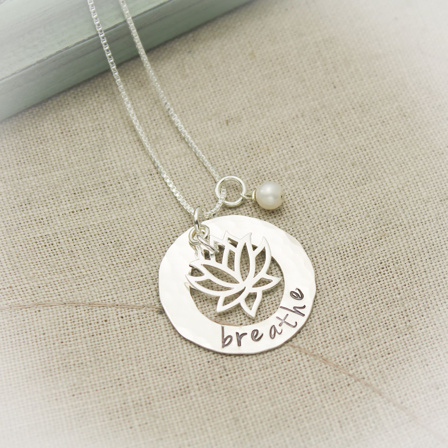 BREATHE Lotus Necklace, Yoga Jewelry, Lotus Flower Necklace, Yoga Gifts, Meditation Jewelry, Hand Stamped Jewelry, Sterling Silver