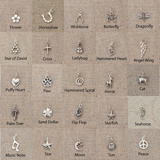 ONE Sterling Silver Charm - Heart,  Butterfly, Moon, Sun, Star, Ladybugs etc. Your Choice