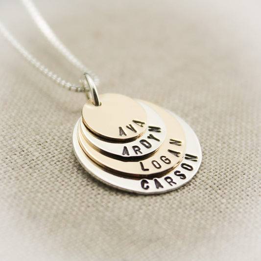 Four Tiny Layers Grandma or Mommy Layered Necklace Silver and 14K Gold Filled Personalized Necklace Hand Stamped Jewelry