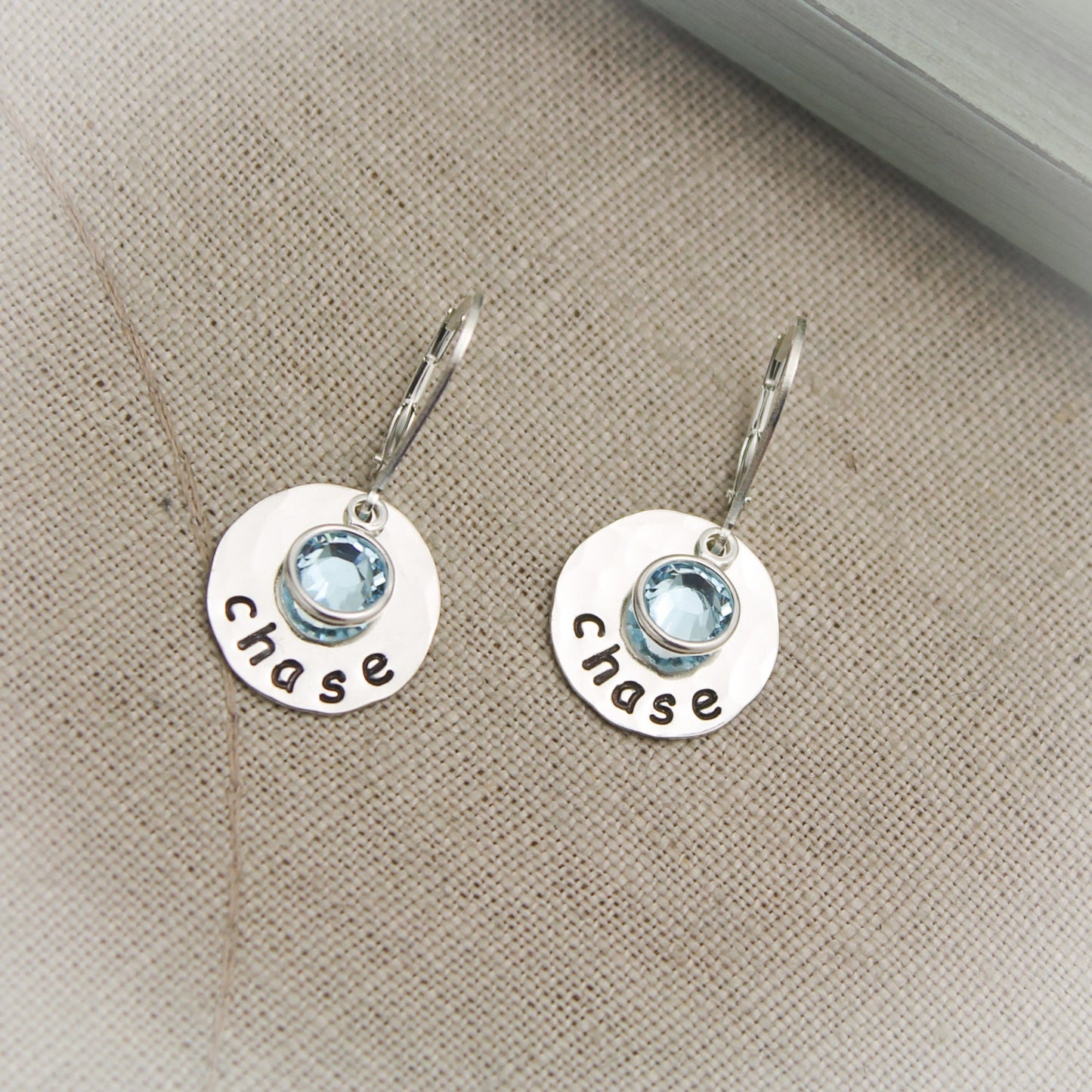 Mother or Grandmother Sterling Silver Earrings Hand Stamped Personalized with Name and Birthstone