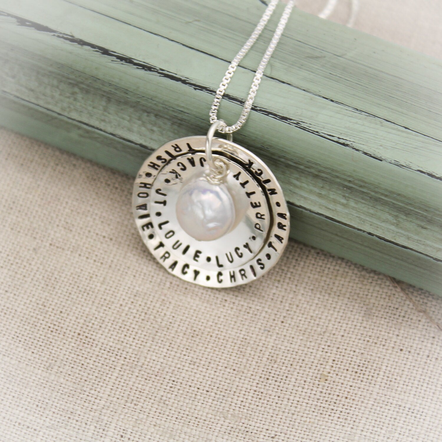 Mother or Grandmother Necklace Personalized Two (2) Layers Sterling Silver with White Coin Pearl Charm Hand Stamped Jewelry