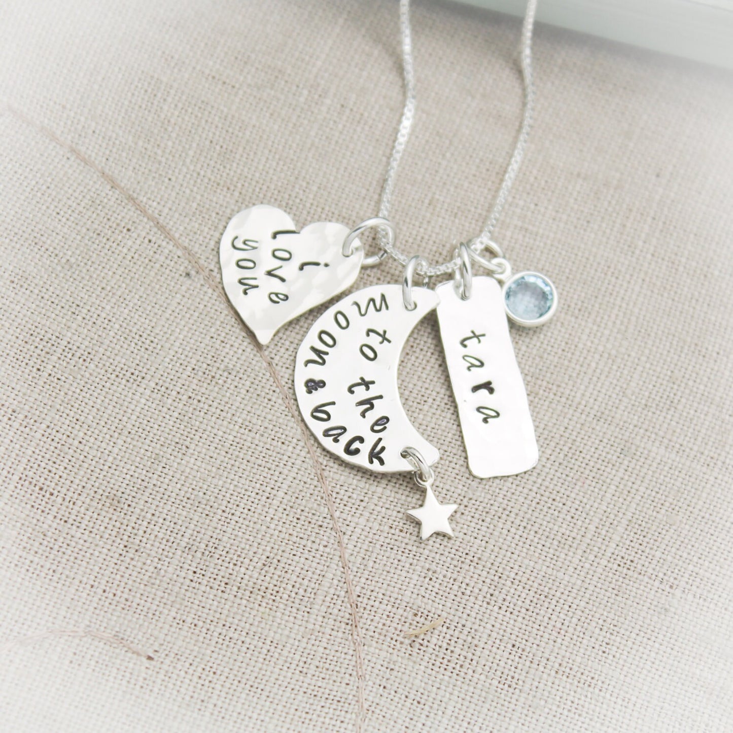 I Love You to the Moon and Back Personalized Necklace in Sterling Silver with Name and Birthstone Hand Stamped Jewelry