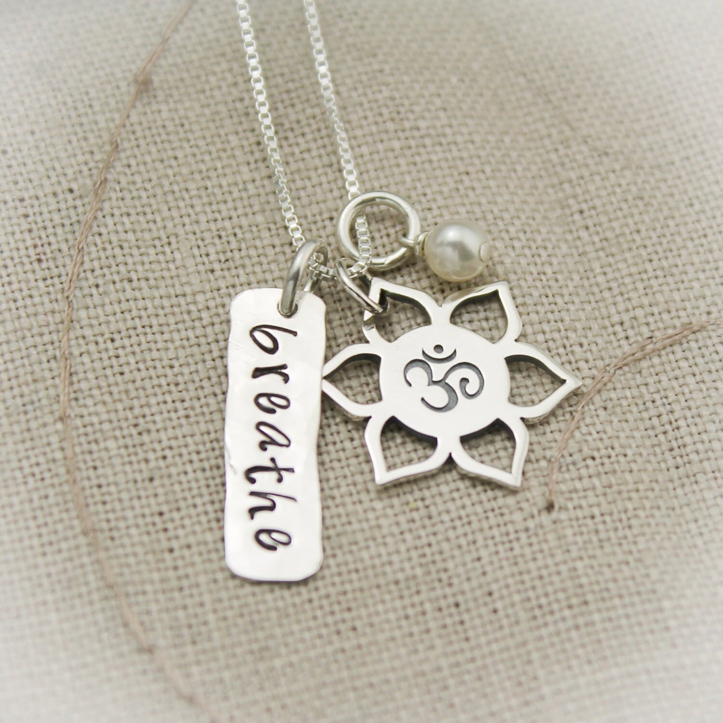 Breathe Necklace, Yoga Jewelry, Lotus Flower Necklace, Ohm Necklace, Yoga Necklace, Sterling Silver Hand Stamped Jewelry