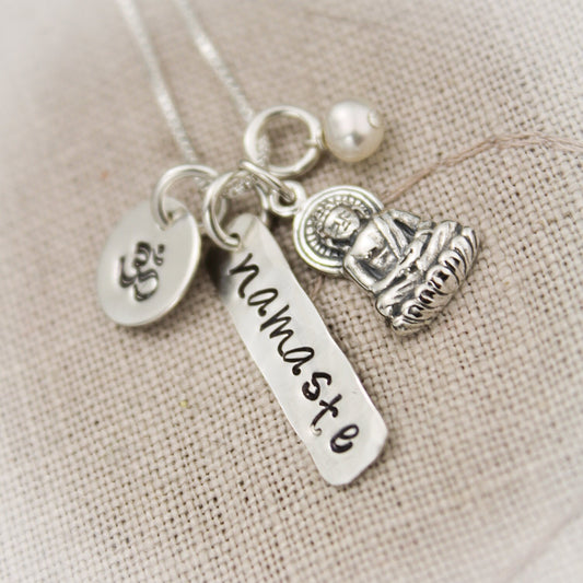 Yoga, Namaste or Breathe  Ohm Buddha Necklace with Pearl in Sterling Silver Hand Stamped Jewelry