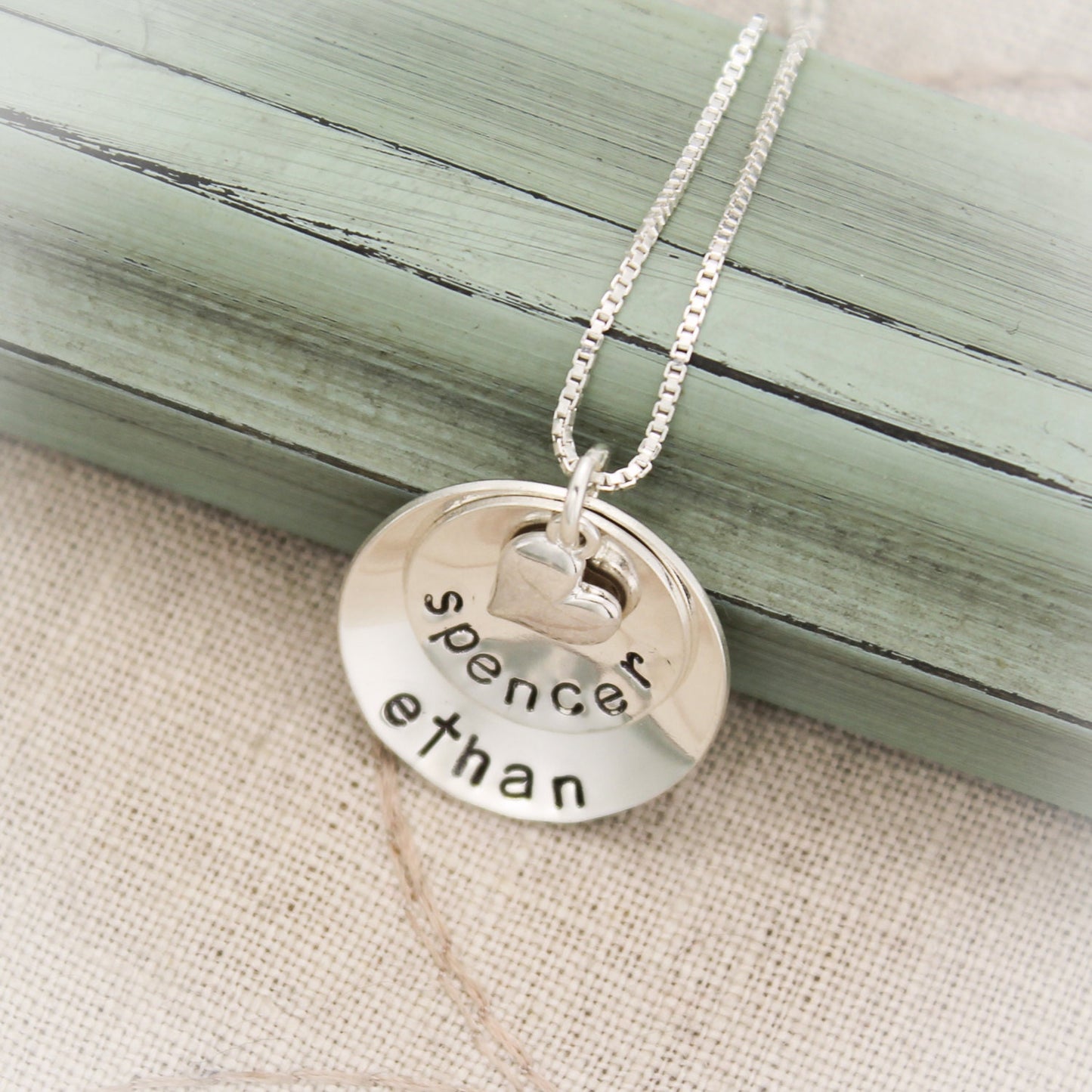 Two (2) Layers  Domed Cupped Personalized Sterling Silver Necklace with Heart Hand Stamped Jewelry