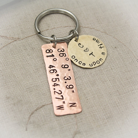 Latitude and Longitude Personalized Copper, Brass or Aluminum Hand Stamped Key Chain Hand Stamped Personalized Key Chain