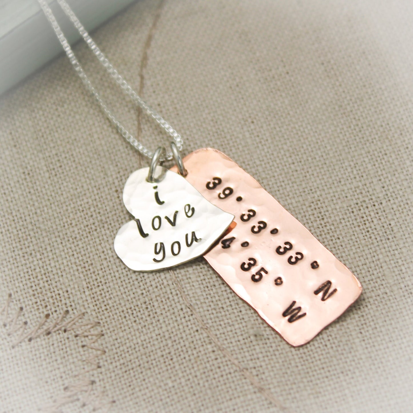 Latitude and Longitude Heart Necklace  Personalized Copper, Brass and Silver Hand Stamped Jewelry