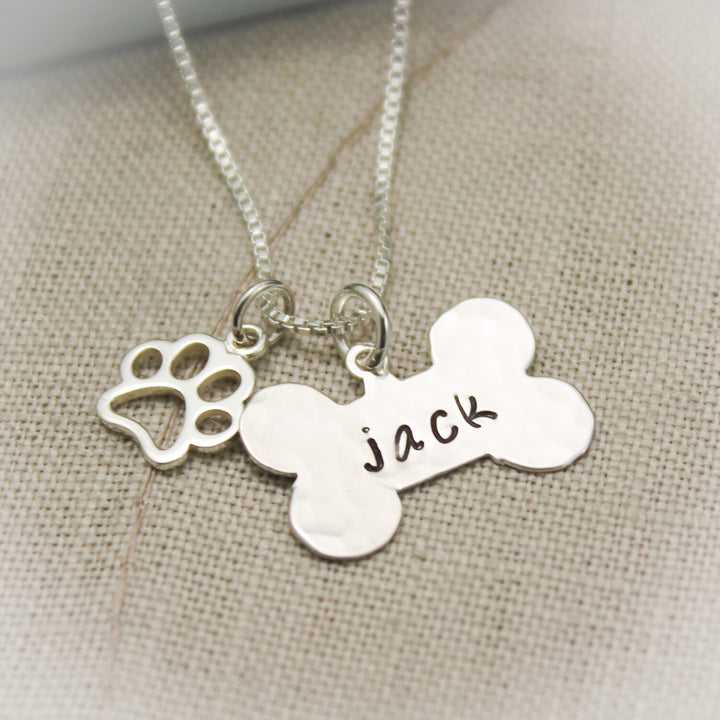 Dog Bone with Paw Charm Hand Stamped Personalized Necklace in Sterling Silver