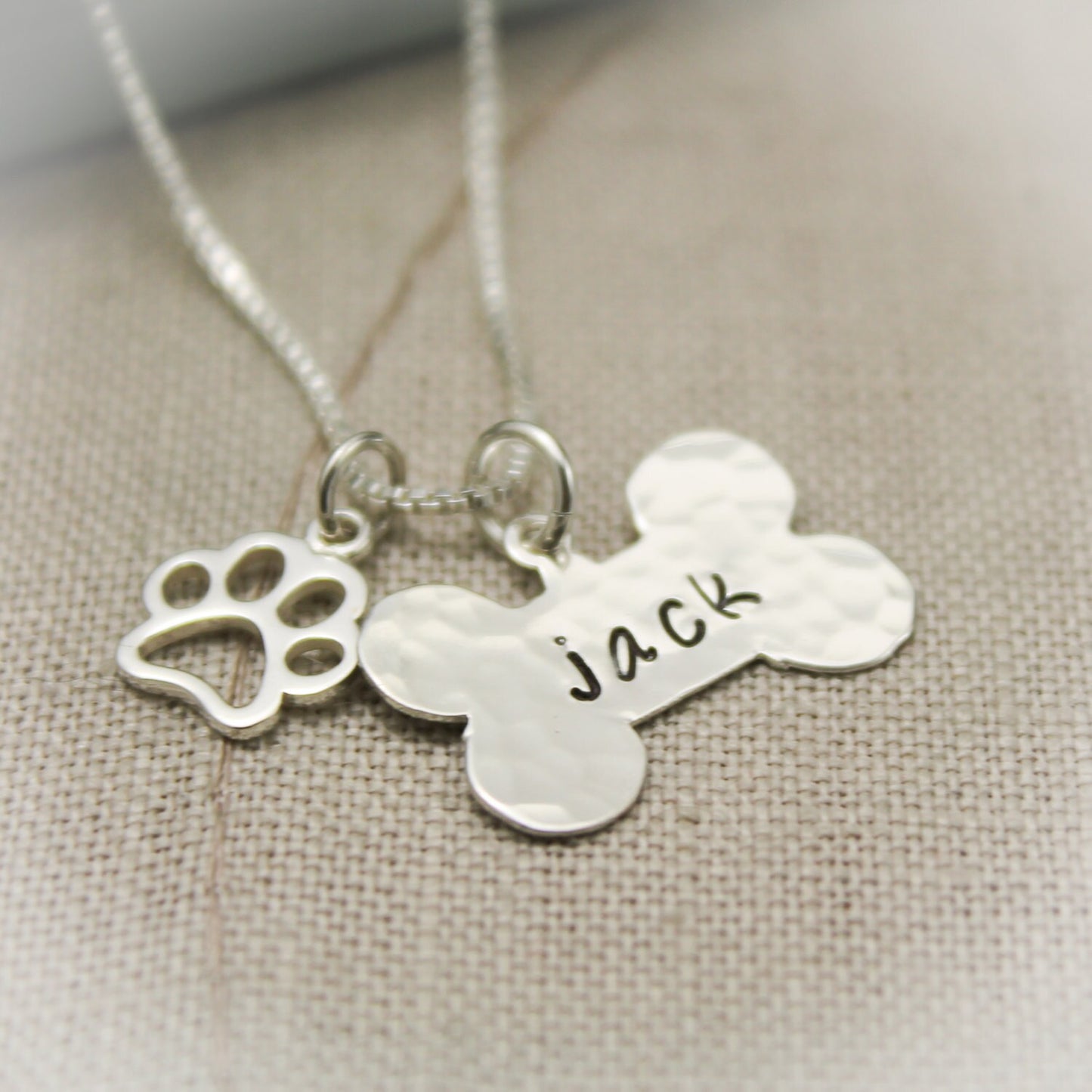 Dog Bone with Paw Charm Hand Stamped Personalized Necklace in Sterling Silver