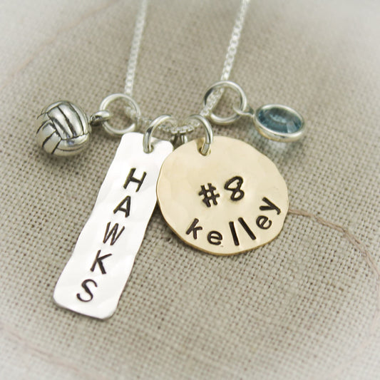 Volleyball, Lacrosse, Field Hockey or Basketball with Name, Number, Team Personalized Hand Stamped Necklace
