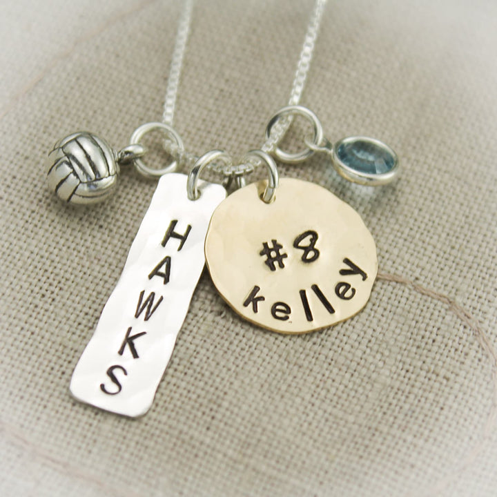 Volleyball, Lacrosse, Field Hockey or Basketball with Name, Number, Team Personalized Hand Stamped Necklace