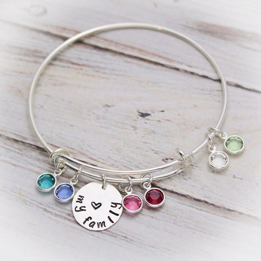 Grandma or Mom Bangle Bracelet with Birthstones in Silver, Grandmother Bangle with Grandchildren Charms, Mom Bracelet with Children Charms