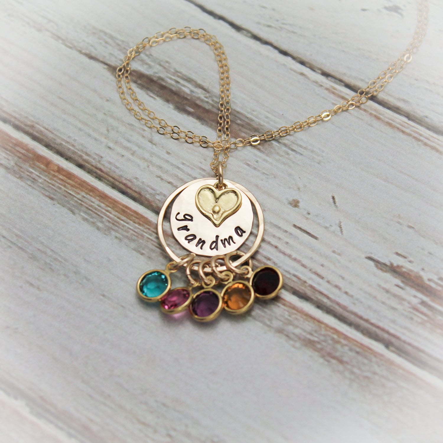 Grandma Necklace with Birthstones Personalize with Grandchildren Hand Stamped Jewelry 14K Gold Filled