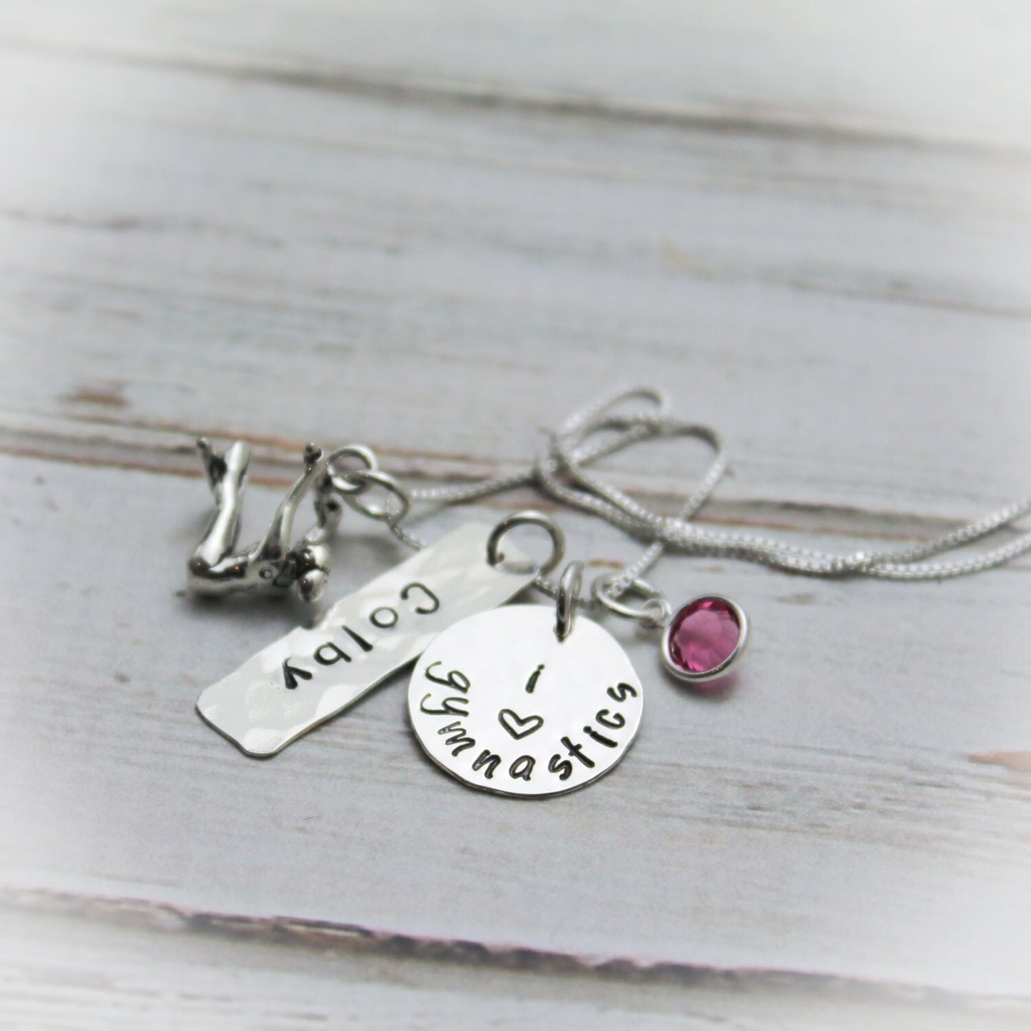 Sterling Silver Gymnastics Necklace with Crystal Birthstone and Name Personalized Hand Stamped Necklace