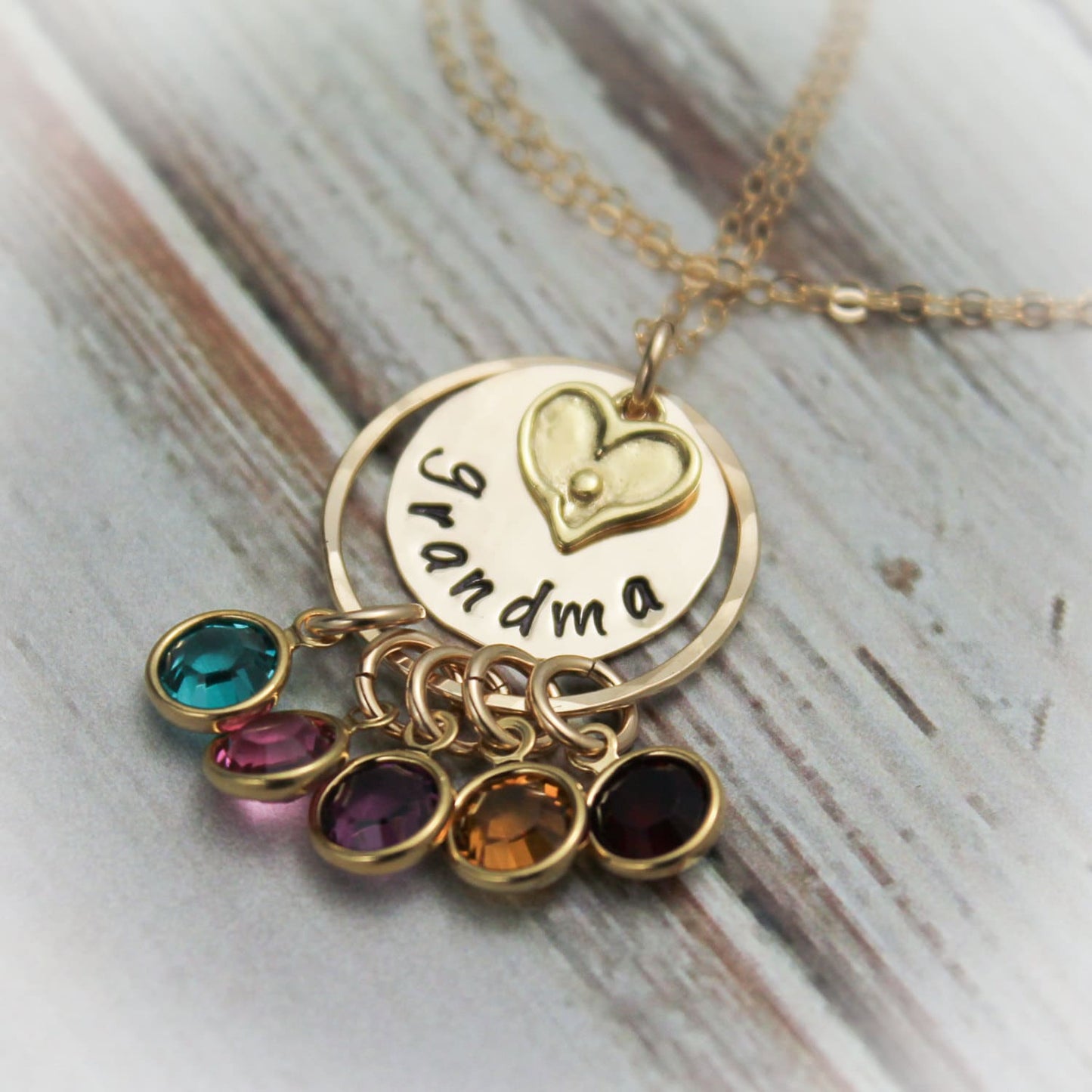 Grandma Necklace with Birthstones Personalize with Grandchildren Hand Stamped Jewelry 14K Gold Filled