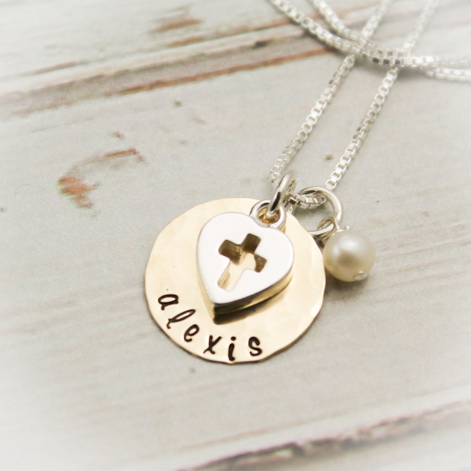Confirmation Necklace Personalized Hand Stamped 14K Gold Filled and Sterling Silver with Heart Cross Charm